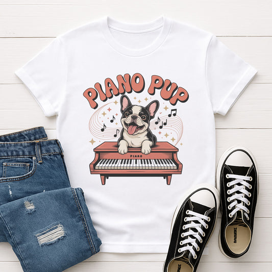 White Gildan 6400 unisex t-shirt with retro dog graphic and ‘Piano Pup' text, perfect for dog lovers.