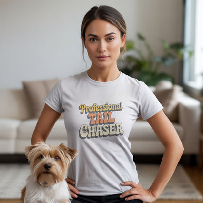 Unisex t-shirt with retro dog graphic and ‘Professional Tail Chaser’ text, perfect for dog lovers.