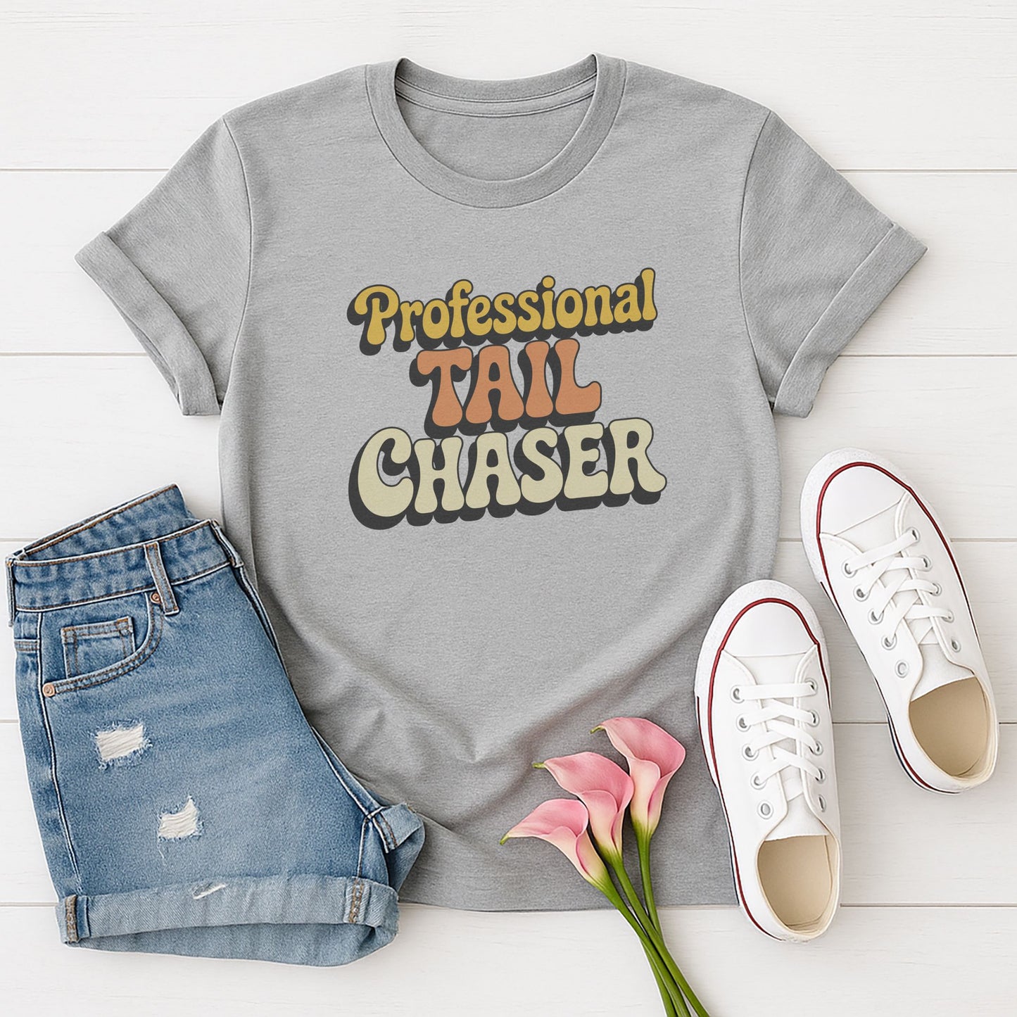 Sport Gray Gildan 6400 unisex t-shirt with retro dog graphic and ‘Professional Tail Chaser’ text, perfect for dog lovers.