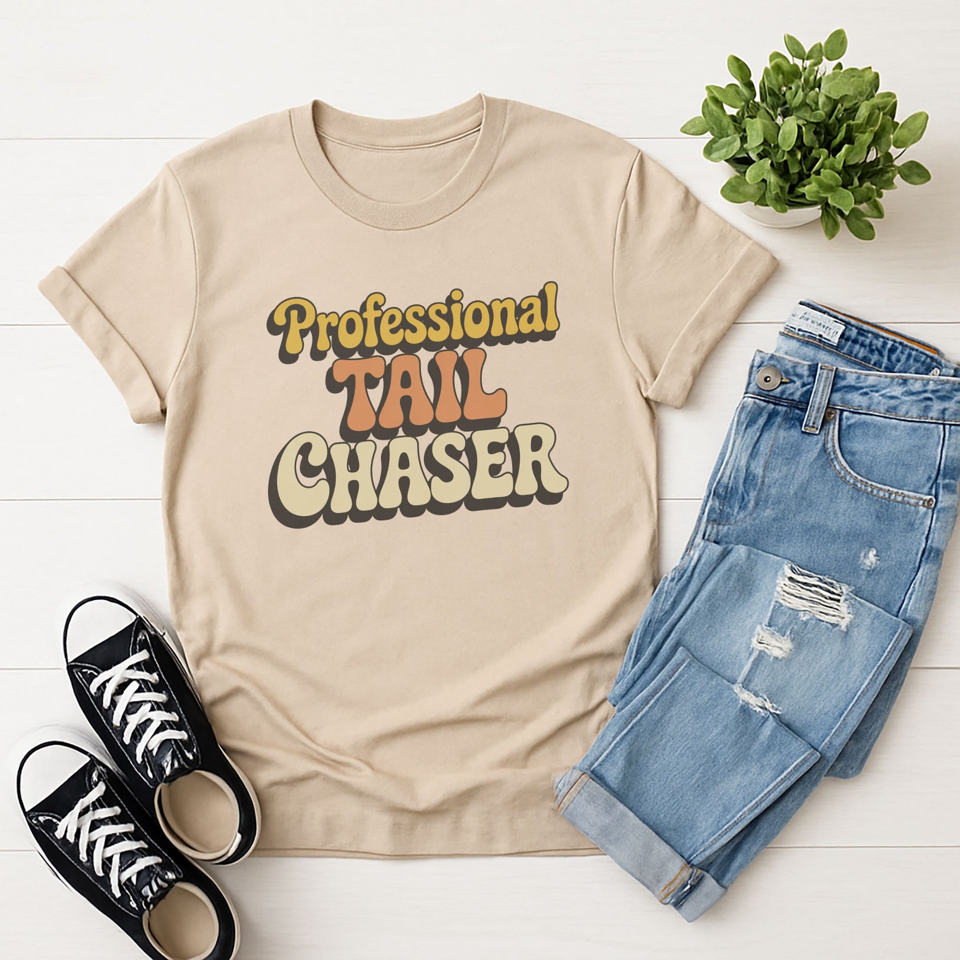 Sand Beige Gildan 6400 unisex t-shirt with retro dog graphic and ‘Professional Tail Chaser’ text, perfect for dog lovers.