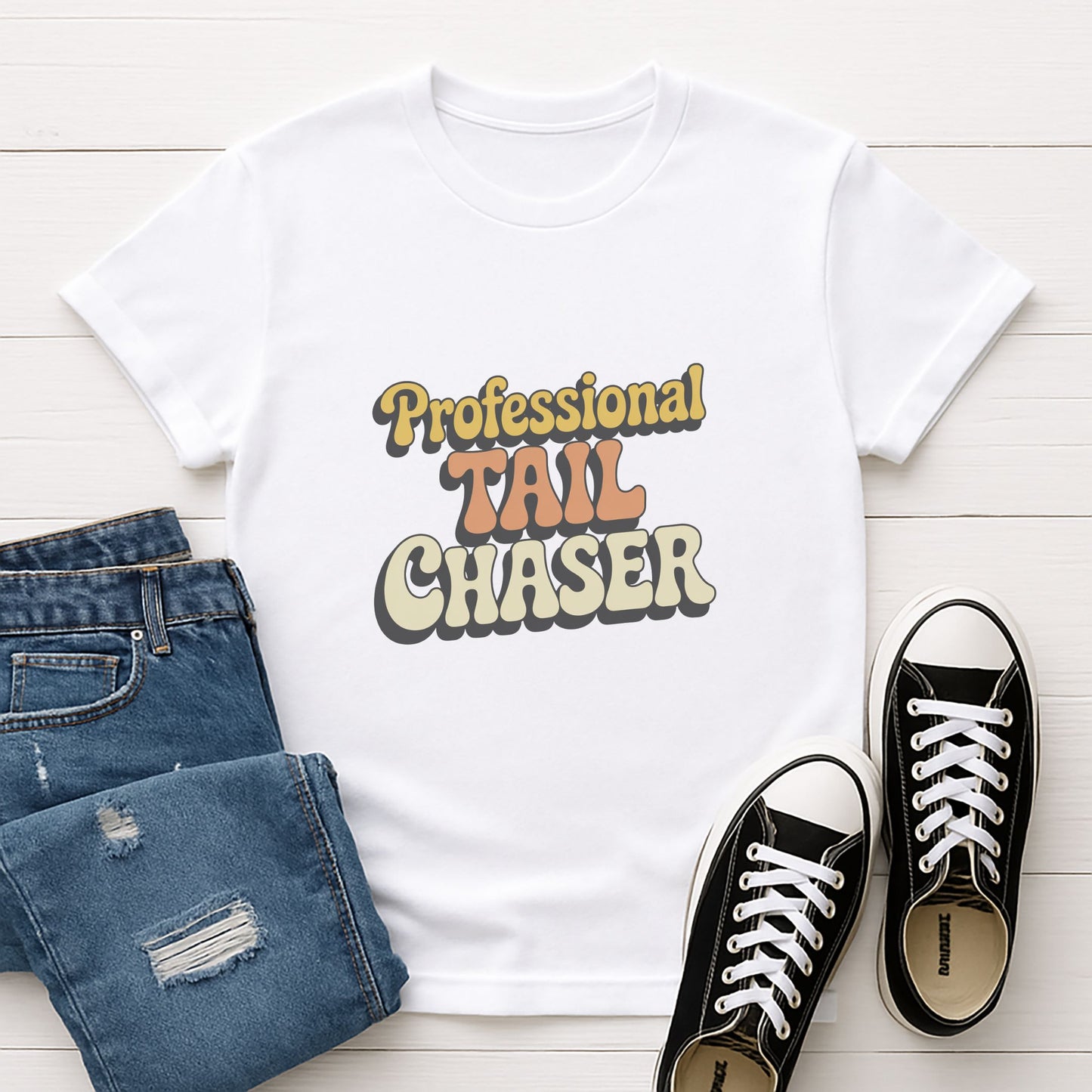 White Gildan 6400 unisex t-shirt with retro dog graphic and ‘Professional Tail Chaser’ text, perfect for dog lovers.