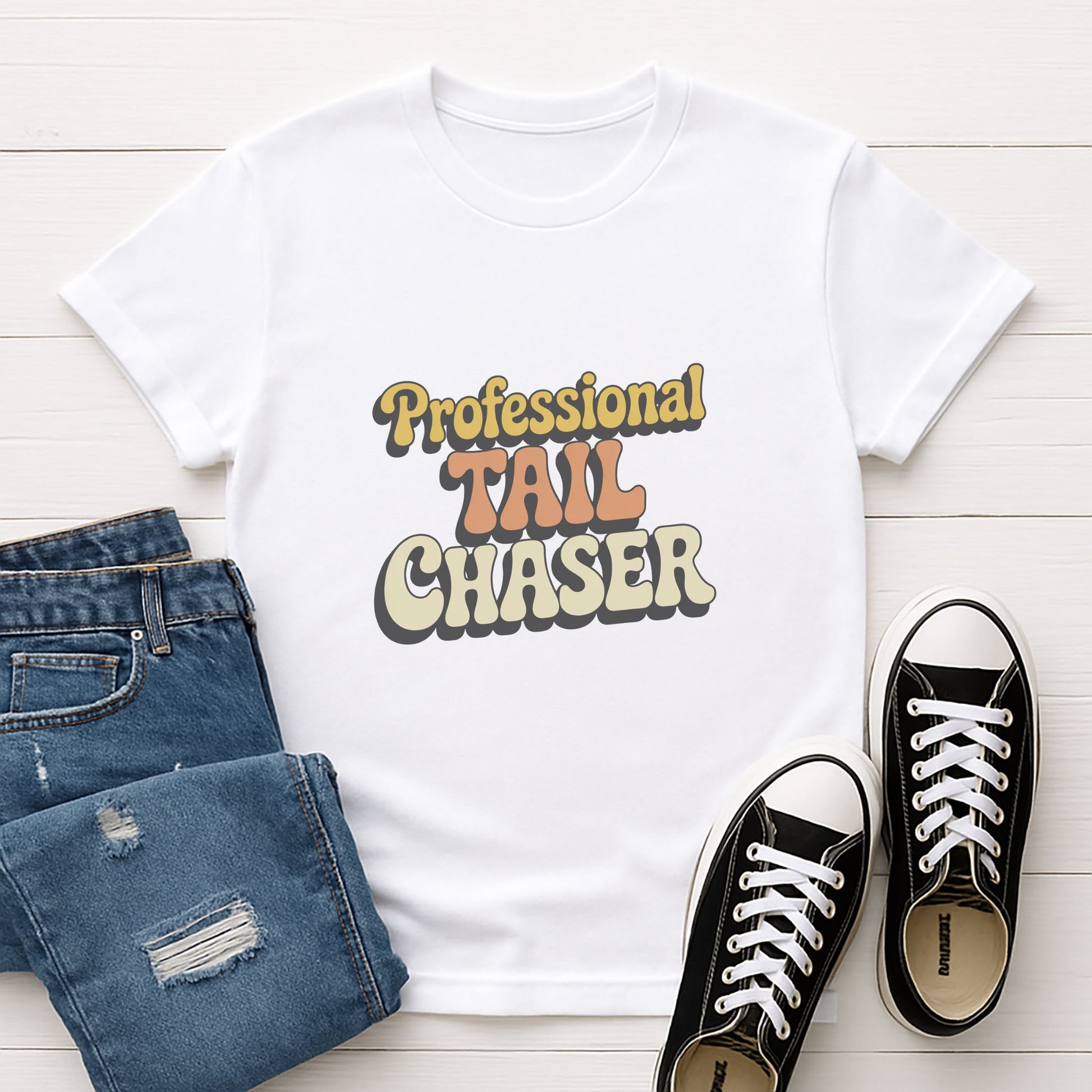 White Gildan 6400 unisex t-shirt with retro dog graphic and ‘Professional Tail Chaser’ text, perfect for dog lovers.
