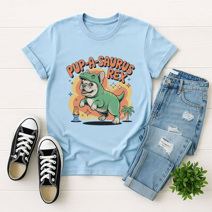 Light Blue Gildan 6400 unisex t-shirt with retro dog graphic and ‘Pup-A-Saurus Rex’ text, perfect for dog lovers.