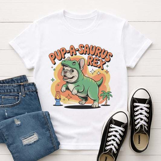 White Gildan 6400 unisex t-shirt with retro dog graphic and ‘Pup-A-Saurus-Rex’ text, perfect for dog lovers.