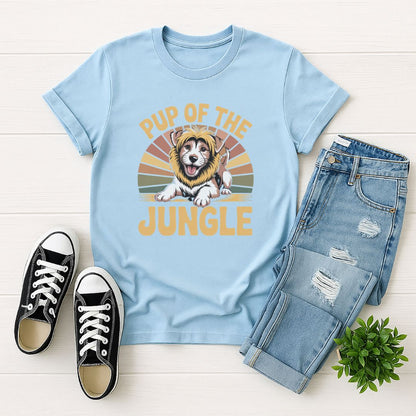 Light Blue Gildan 6400 unisex t-shirt with retro dog graphic and ‘Pup Of The Jungle’ text, perfect for dog lovers.
