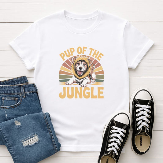 White Gildan 6400 unisex t-shirt with retro dog graphic and ‘Pup Of The Jungle’ text, perfect for dog lovers.