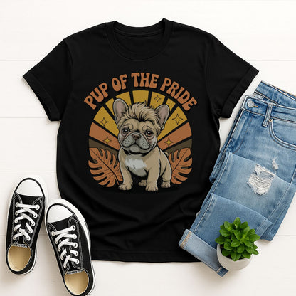Black Gildan 6400 unisex t-shirt with retro dog graphic and ‘Pup Of The Pride’ text, perfect for dog lovers.