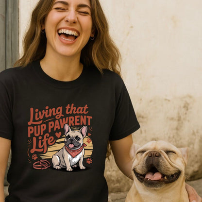 Unisex t-shirt with retro dog graphic and ‘Living that Pup Pawrent Life’ text, perfect for dog lovers.