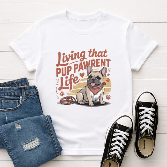 White Gildan 6400 unisex t-shirt with retro dog graphic and ‘Living that Pup Pawrent Life’ text, perfect for dog lovers.