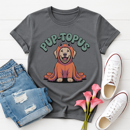 Charcoal Gray Gildan 6400 unisex t-shirt with retro dog graphic and ‘Pup-topus’ text, perfect for dog lovers.