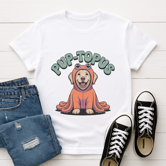 White Gildan 6400 unisex t-shirt with retro dog graphic and ‘Pup-topus’ text, perfect for dog lovers.