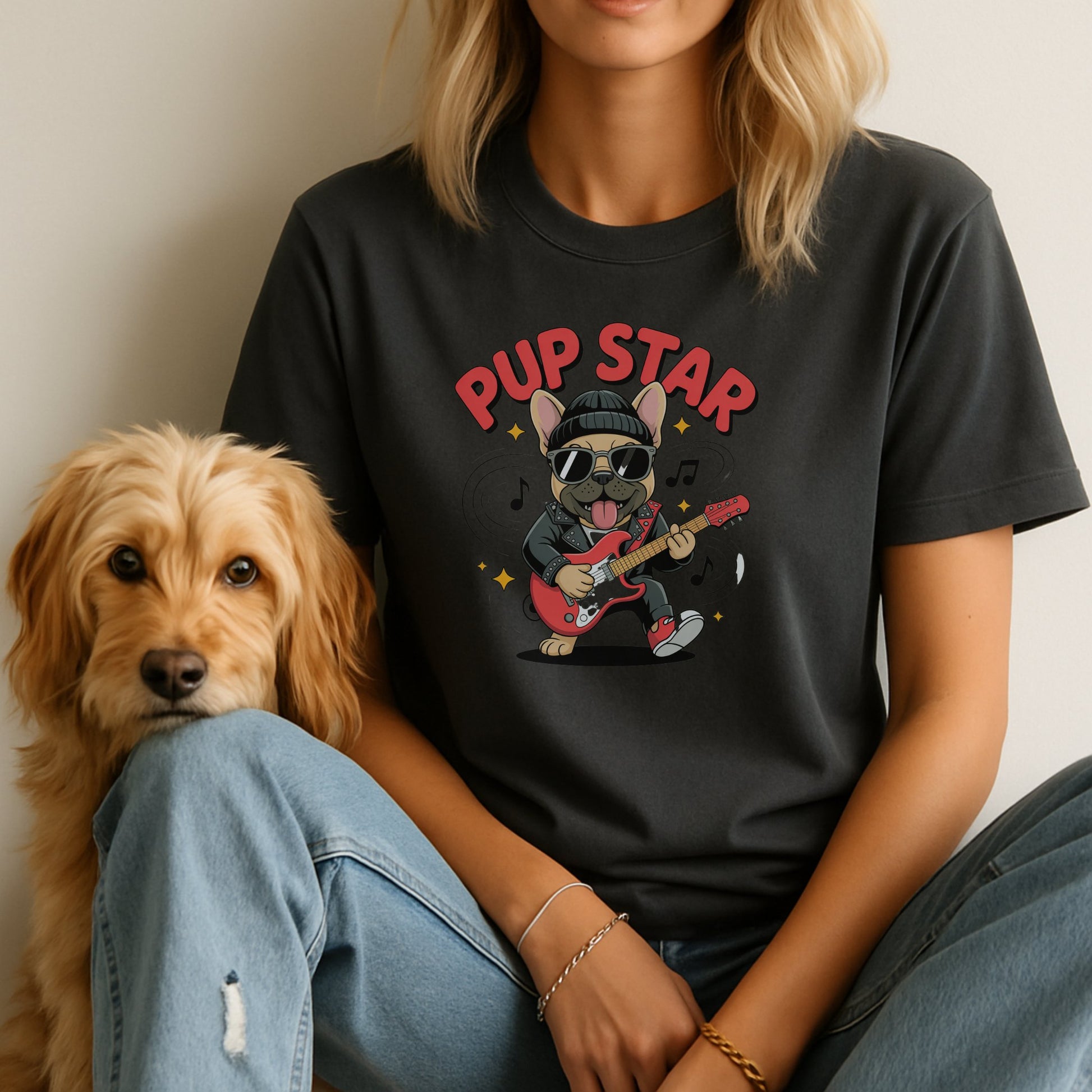 Unisex t-shirt with retro dog graphic and ‘Pup Star’ text, perfect for dog lovers.