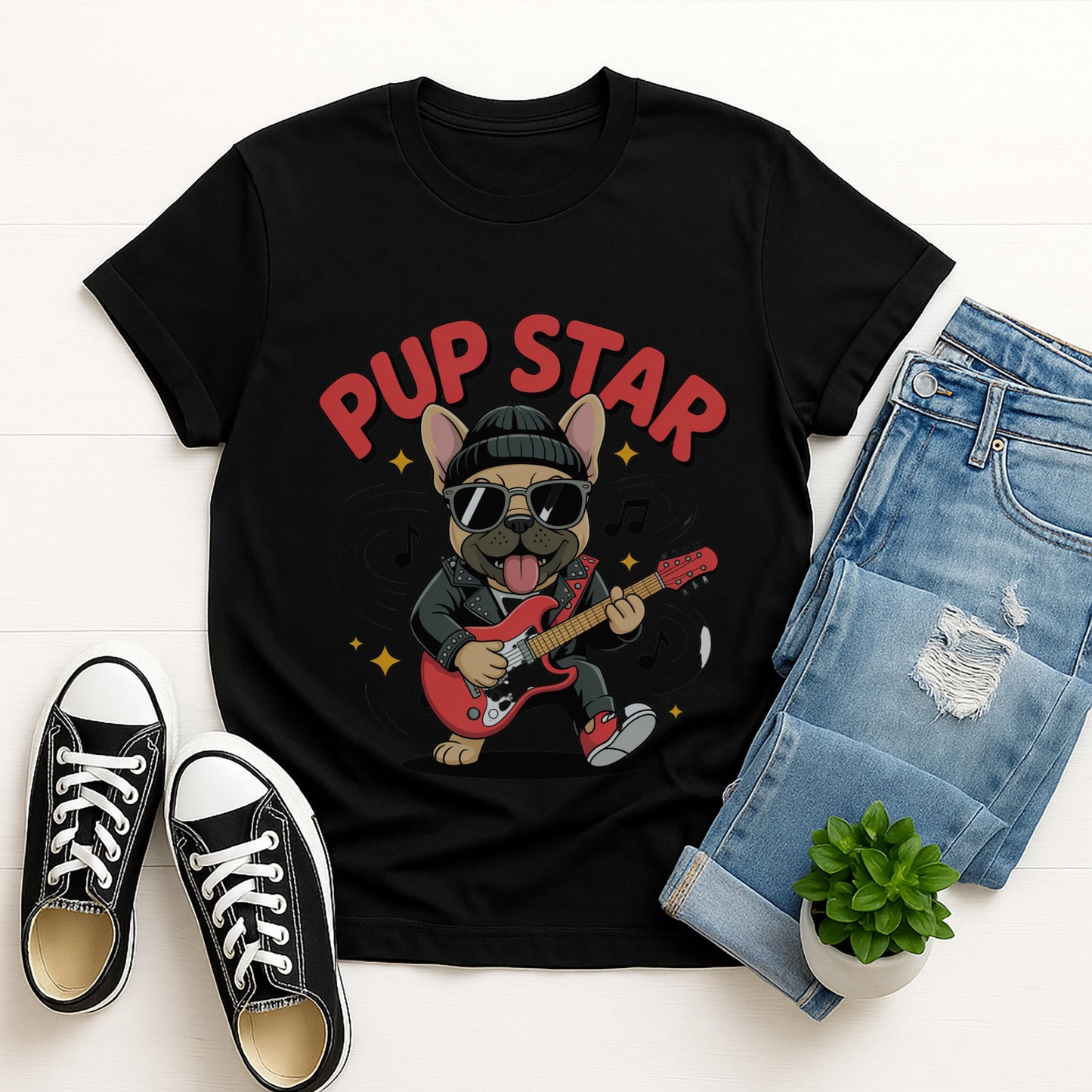 Black Gildan 6400 unisex t-shirt with retro dog graphic and ‘Pup Star’ text, perfect for dog lovers.