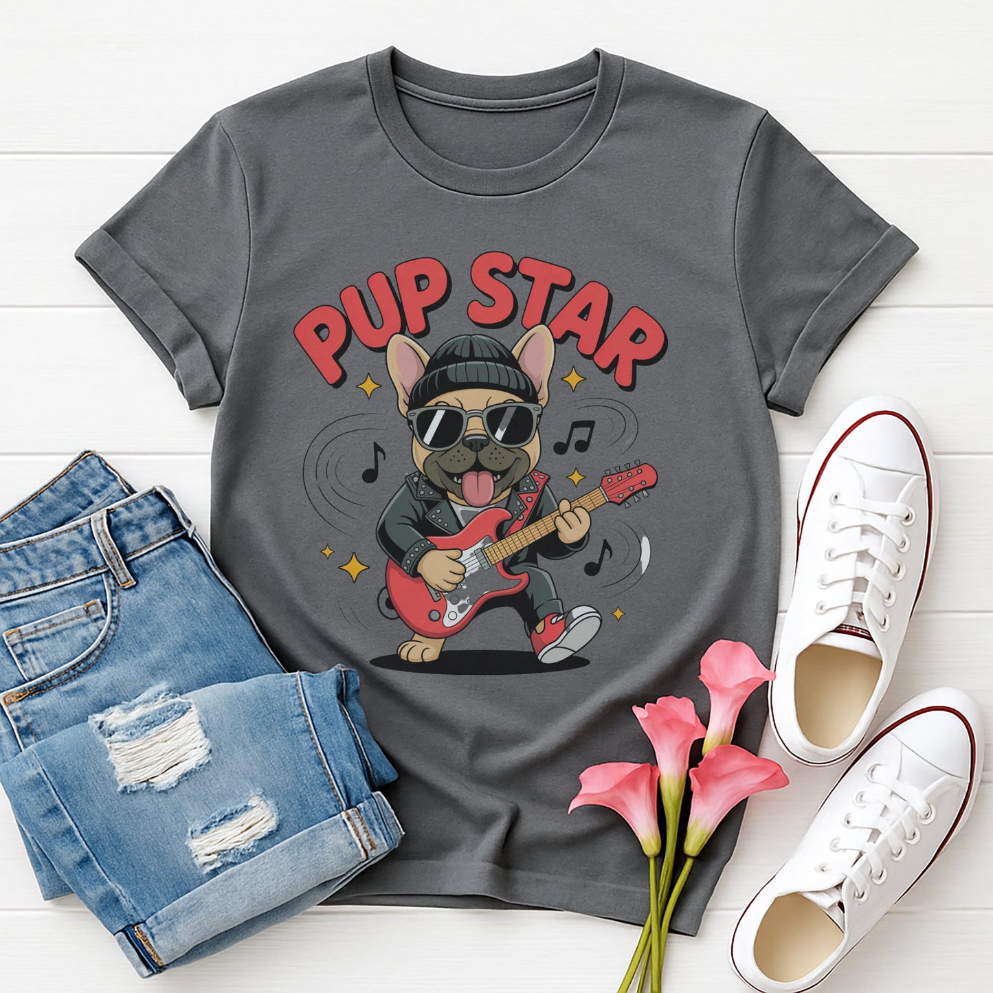 Charcoal Gray Gildan 6400 unisex t-shirt with retro dog graphic and ‘Pup Star’ text, perfect for dog lovers.