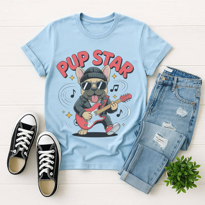 Light blue Gildan 6400 unisex t-shirt with retro dog graphic and ‘Pup Star’ text, perfect for dog lovers.