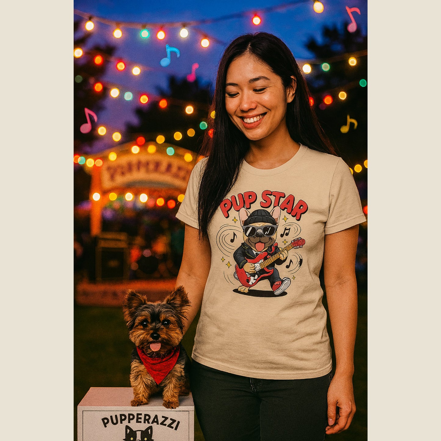 Unisex t-shirt with retro dog graphic and ‘Pup Star’ text, perfect for dog lovers.