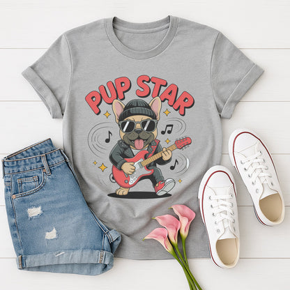 Sport Gray Gildan 6400 unisex t-shirt with retro dog graphic and ‘Pup Star’ text, perfect for dog lovers.