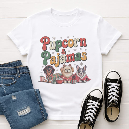 White Gildan 6400 unisex t-shirt with retro dog graphic and ‘Pupcorn & Pajamas' text, perfect for dog lovers.