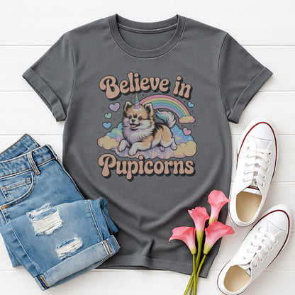 Sport Gray Gildan 6400 unisex t-shirt with retro dog graphic and ‘Believe in Pupicorns’ text, perfect for dog lovers.