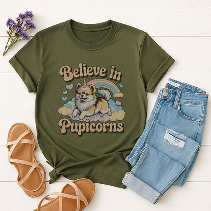 Military Green Gildan 6400 unisex t-shirt with retro dog graphic and ‘Believe in Pupicorns’ text, perfect for dog lovers.