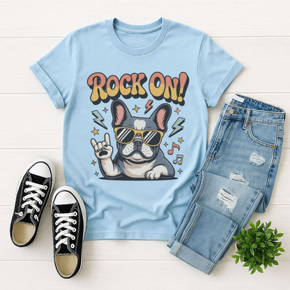 Light blue Gildan 6400 unisex t-shirt with retro dog graphic and ‘Rock On!' text, perfect for dog lovers.