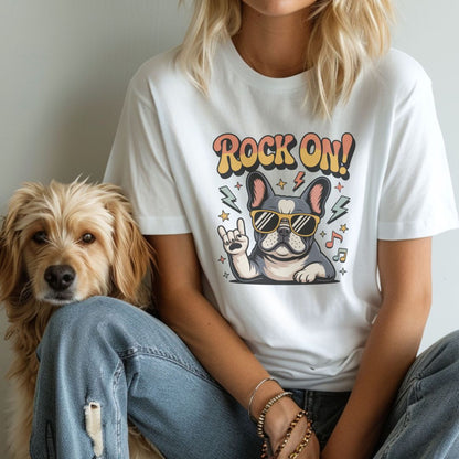 White unisex t-shirt with retro dog graphic and ‘Rock On!' text, perfect for dog lovers.