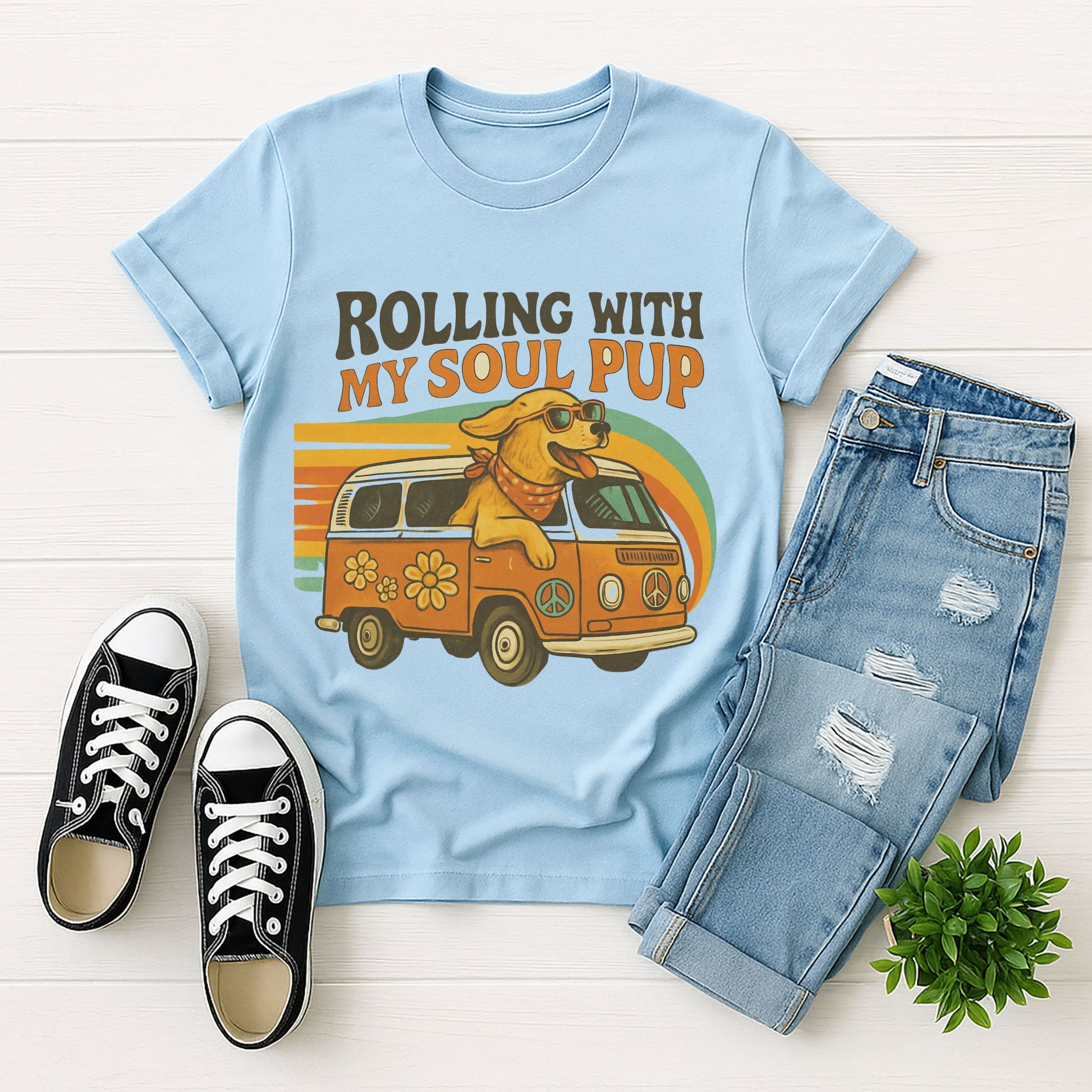 Light Blue Gildan 6400 unisex t-shirt with retro dog graphic and ‘Rolling With My Soul Pup’ text, perfect for dog lovers.