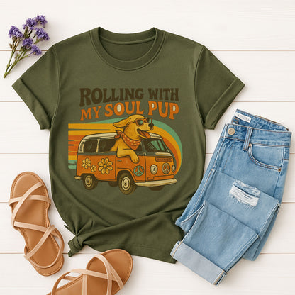 Military Green Gildan 6400 unisex t-shirt with retro dog graphic and ‘Rolling With My Soul Pup’ text, perfect for dog lovers.