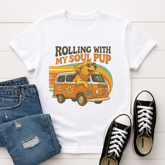 White Gildan 6400 unisex t-shirt with retro dog graphic and ‘Rolling With My Soul Pup’ text, perfect for dog lovers.