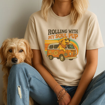Sand Beige Gildan 6400 unisex t-shirt with retro dog graphic and ‘Rolling With My Soul Pup’ text, perfect for dog lovers.
