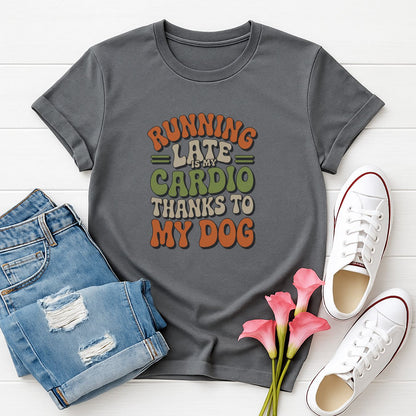 Charcoal Gray Gildan 6400 unisex t-shirt with retro dog graphic and ‘Running Late Is My Cardio Thanks To My Dog’ text, perfect for dog lovers.