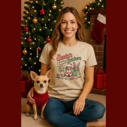Unisex t-shirt with retro dog graphic and ‘Santa's Little Barkers' text, perfect for dog lovers.