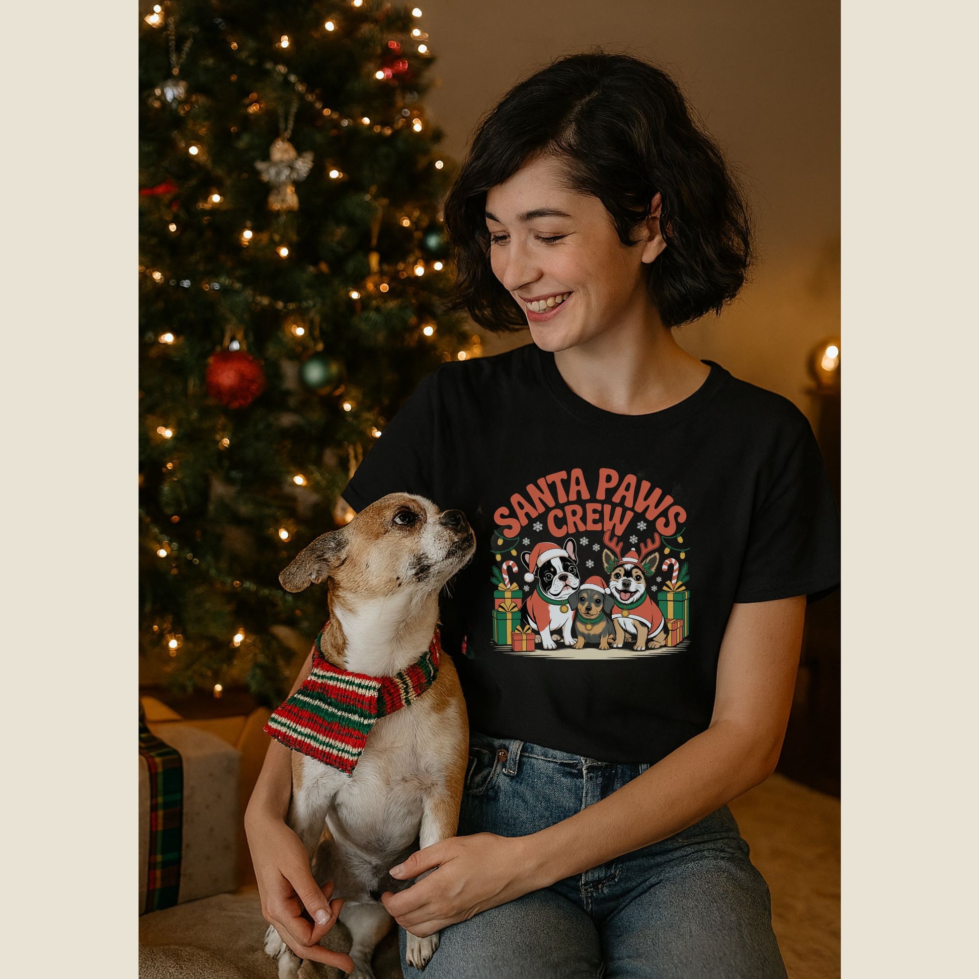 Black unisex t-shirt with retro dog graphic and ‘Santa Paws Crew’ text, perfect for dog lovers.