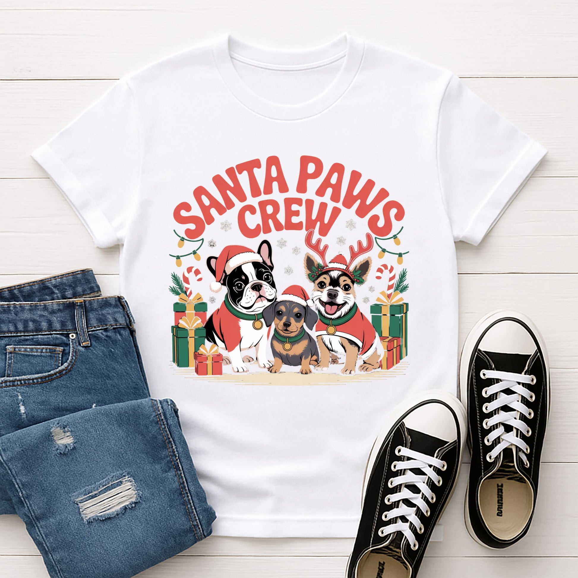 White Gildan 6400 unisex t-shirt with retro dog graphic and ‘Santa Paws Crew’ text, perfect for dog lovers.