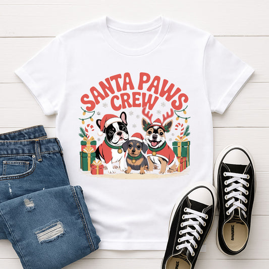 White Gildan 6400 unisex t-shirt with retro dog graphic and ‘Santa Paws Crew’ text, perfect for dog lovers.