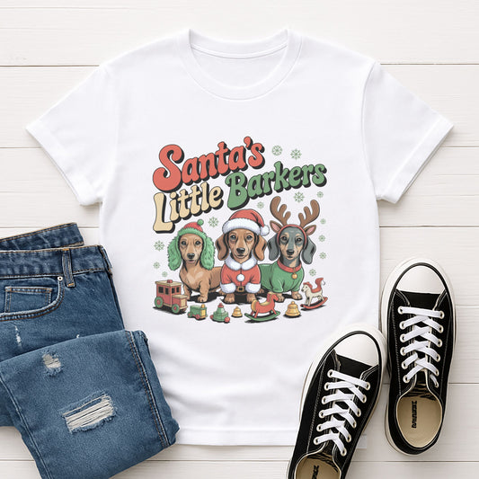White Gildan 6400 unisex t-shirt with retro dog graphic and ‘Santa's Little Barkers' text, perfect for dog lovers.