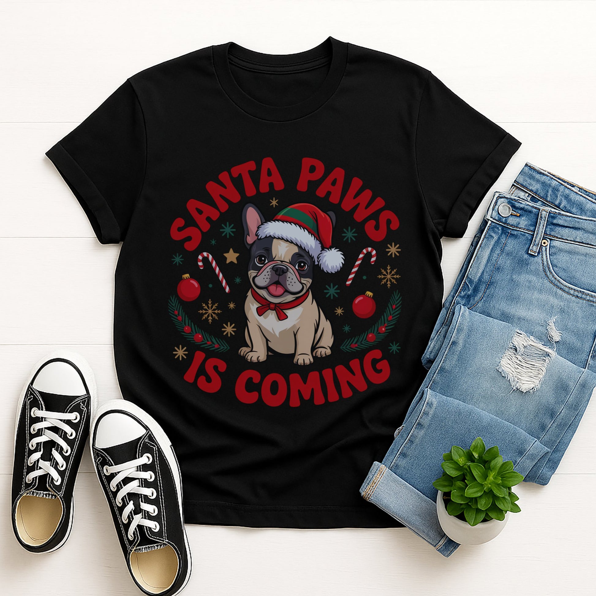 Black Gildan 6400 unisex t-shirt with retro dog graphic and ‘Santa Paws Is Coming’ text, perfect for dog lovers.