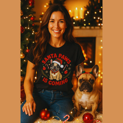 Black unisex t-shirt with retro dog graphic and ‘Santa Paws Is Coming’ text, perfect for dog lovers.