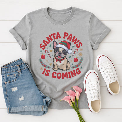 Sport Gray Gildan 6400 unisex t-shirt with retro dog graphic and ‘Santa Paws Is Coming’ text, perfect for dog lovers.
