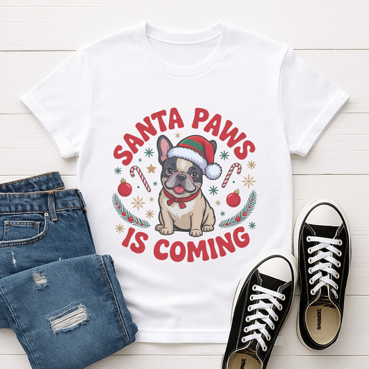 White Gildan 6400 unisex t-shirt with retro dog graphic and ‘Santa Paws Is Coming’ text, perfect for dog lovers.