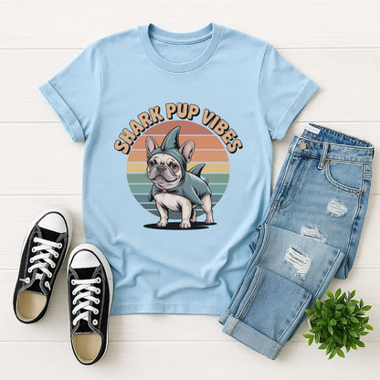 Light Blue Gildan 6400 unisex t-shirt with retro dog graphic and ‘Shark Pup Vibes’ text, perfect for dog lovers.