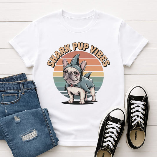 White Gildan 6400 unisex t-shirt with retro dog graphic and ‘Shark Pup Vibes’ text, perfect for dog lovers.