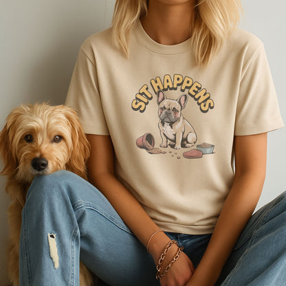 Unisex t-shirt with retro dog graphic and ‘Sit Happens text, perfect for dog lovers.