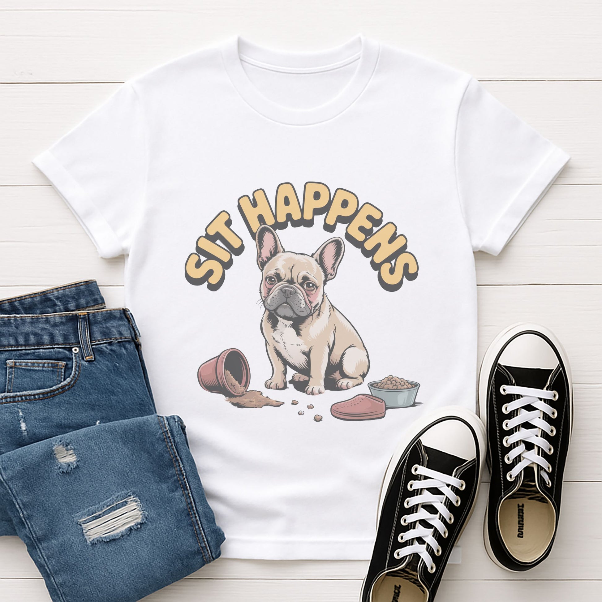 White Gildan 6400 unisex t-shirt with retro dog graphic and ‘Sit Happens text, perfect for dog lovers.