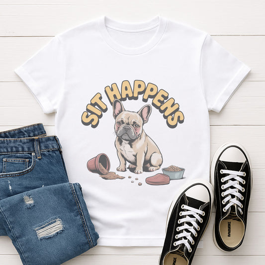 White Gildan 6400 unisex t-shirt with retro dog graphic and ‘Sit Happens text, perfect for dog lovers.