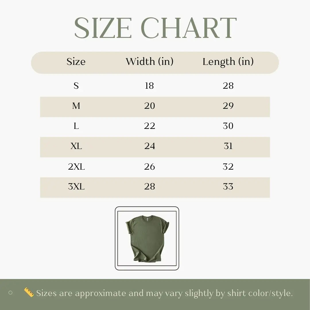 Size chart for shirts with dimensions in inches
