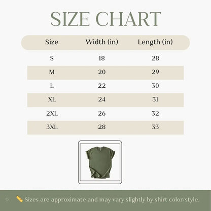 Size chart for shirts with dimensions in inches