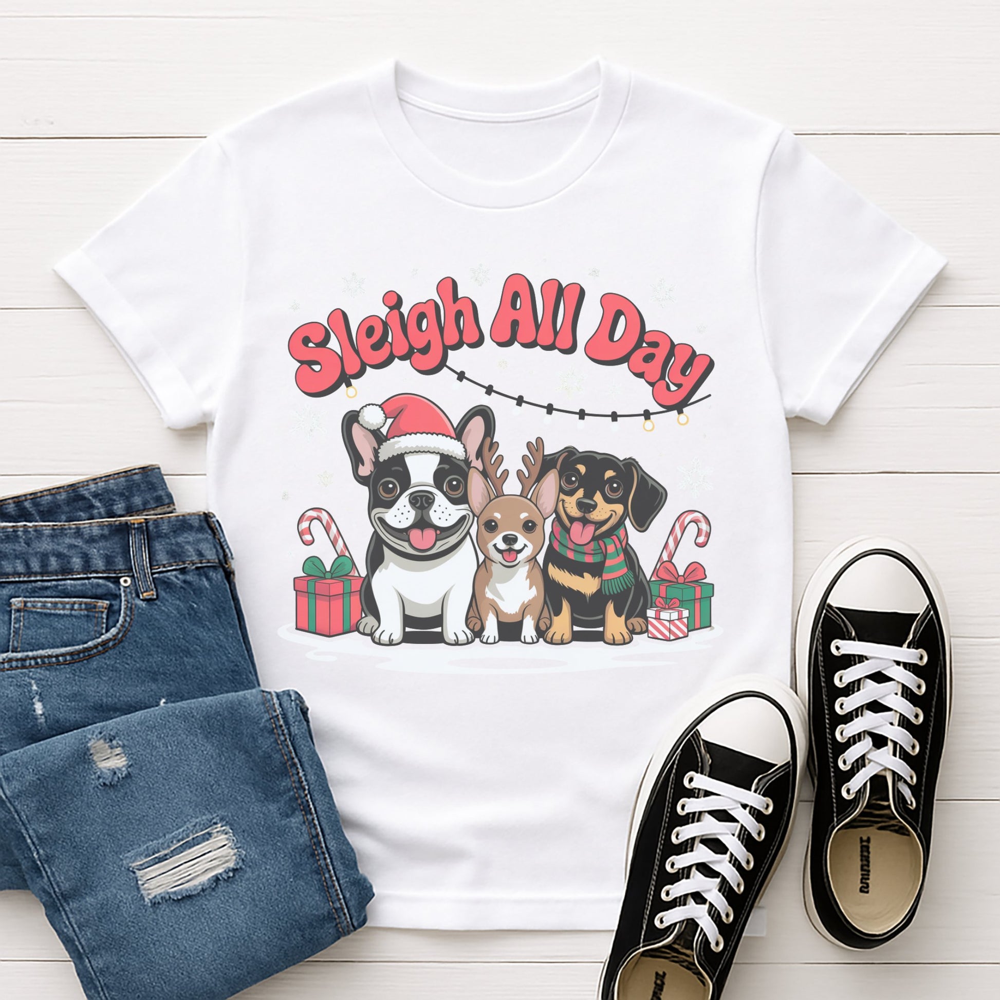 White Gildan 6400 unisex t-shirt with retro dog graphic and ‘Sleigh All Day.’ text, perfect for dog lovers.