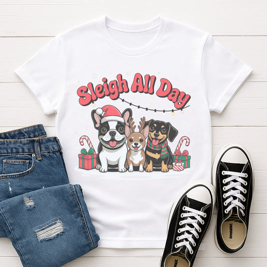 White Gildan 6400 unisex t-shirt with retro dog graphic and ‘Sleigh All Day.’ text, perfect for dog lovers.