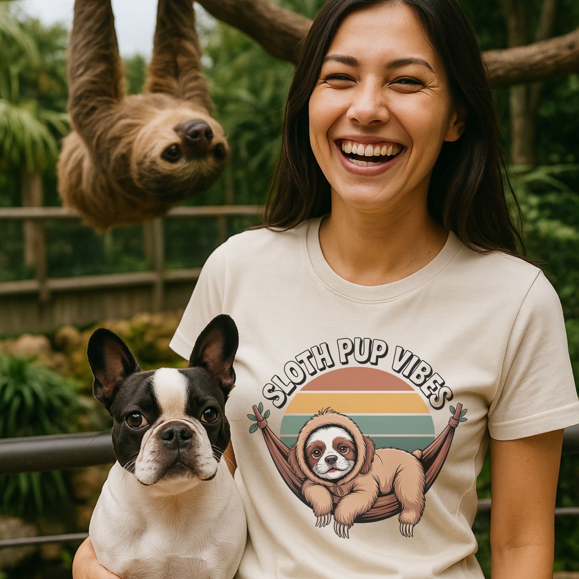 Unisex t-shirt with retro dog graphic and ‘Sloth Pup Vibes’ text, perfect for dog lovers.